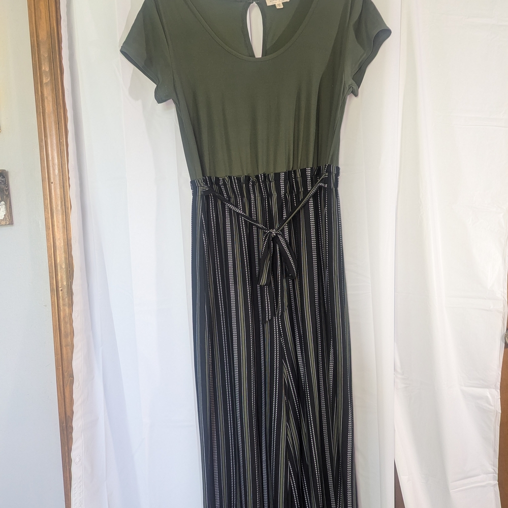 Ultra Flirt Women's Juniors Large Jumpsuit Olive & Black Belted Striped Wide Leg
